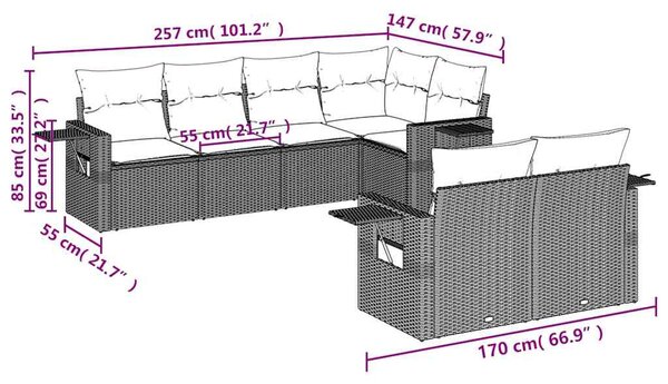 VidaXL 7 db barna polyrattan kerti kanapégarnitúra párnákkal