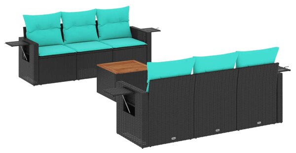 7 db fekete polyrattan kerti kanapégarnitúra párnákkal
