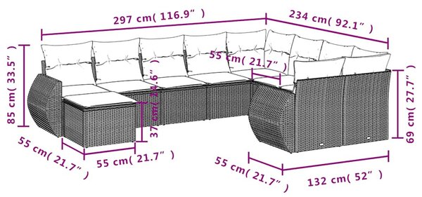 10 db szürke polyrattan kerti kanapégarnitúra párnákkal
