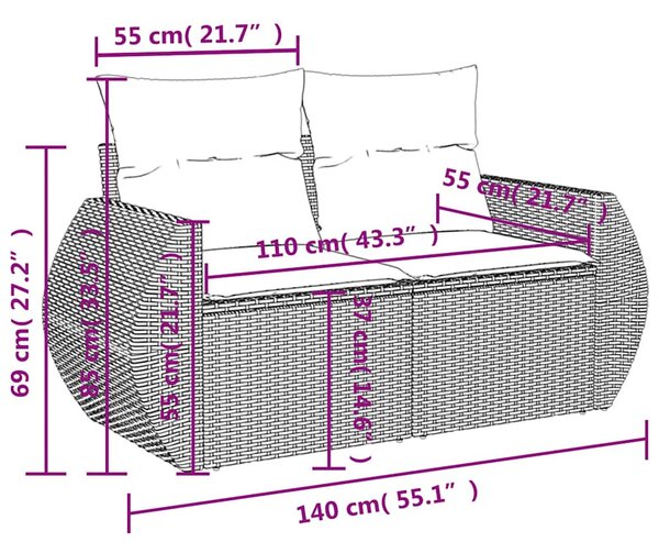 VidaXL 11 db barna polyrattan kerti kanapégarnitúra párnákkal