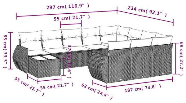 VidaXL 11 db barna polyrattan kerti kanapégarnitúra párnákkal