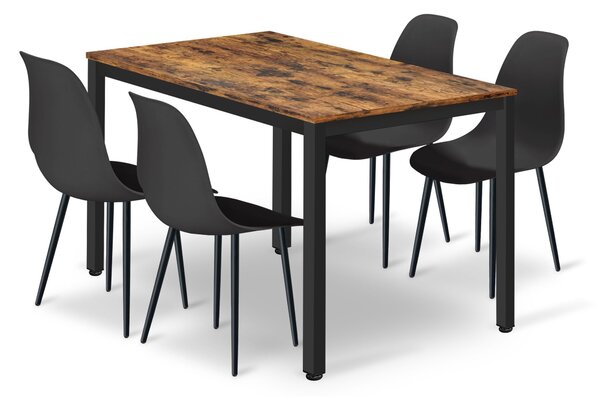 Étkezőasztal TESSA 120cm x 60cm - rusztikus barna / fekete láb + 4 db WAT szék fekete / fekete láb