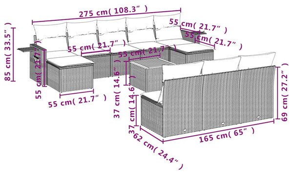 VidaXL 11 db szürke polyrattan kerti kanapégarnitúra párnákkal
