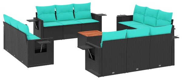 13 db fekete polyrattan kerti kanapégarnitúra párnákkal