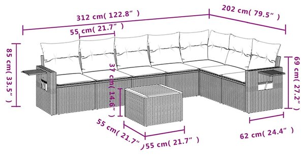 8 db szürke polyrattan kerti kanapégarnitúra párnákkal