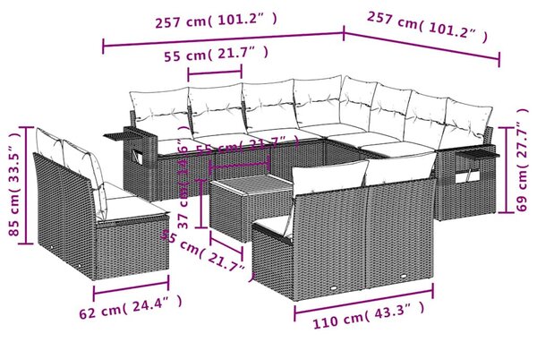 12 db fekete polyrattan kerti kanapégarnitúra párnákkal