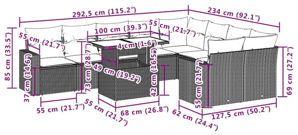 VidaXL 10 db barna polyrattan kerti kanapégarnitúra párnákkal