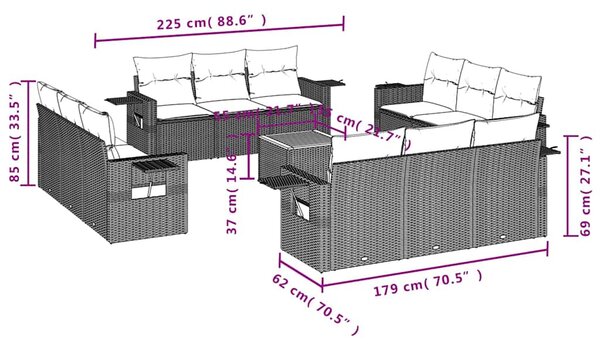 13 db fekete polyrattan kerti kanapégarnitúra párnákkal