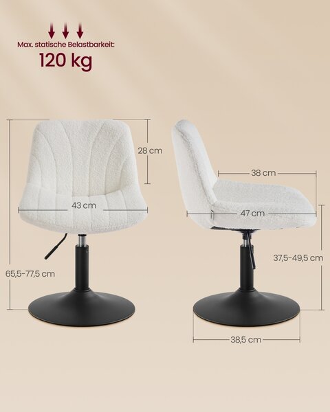 Scaun de bar, Tyra, Vasagle, Alb, 43.0x46.5x77.5 cm
