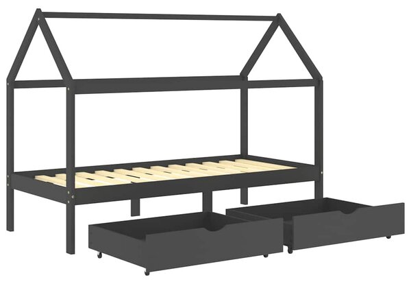 Fiókos sötétszürke tömör fenyőfa gyerekágykeret 90 x 200 cm