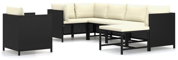 7 részes fekete polyrattan kerti bútorszett párnákkal