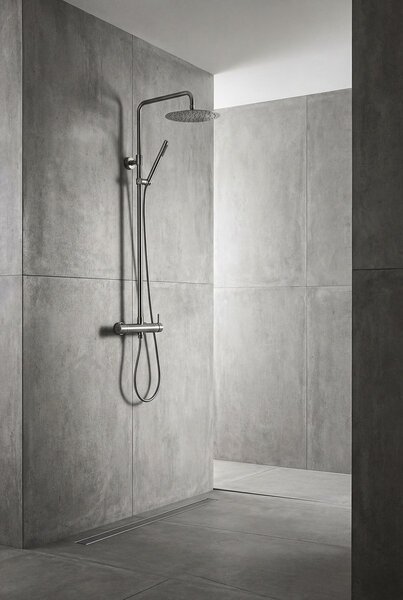Sapho Minimal, zuhanyoszlop karral és keverőcsappal, kerek fejjel, acél, MI139