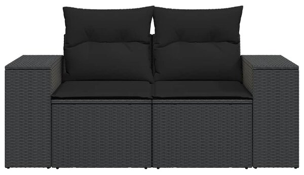 Kétszemélyes fekete polyrattan kerti kanapé párnákkal