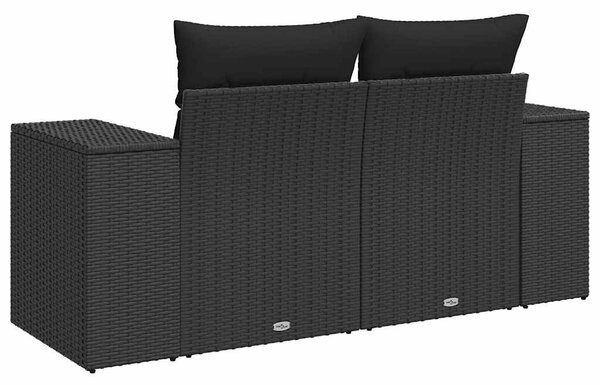 Kétszemélyes fekete polyrattan kerti kanapé párnákkal