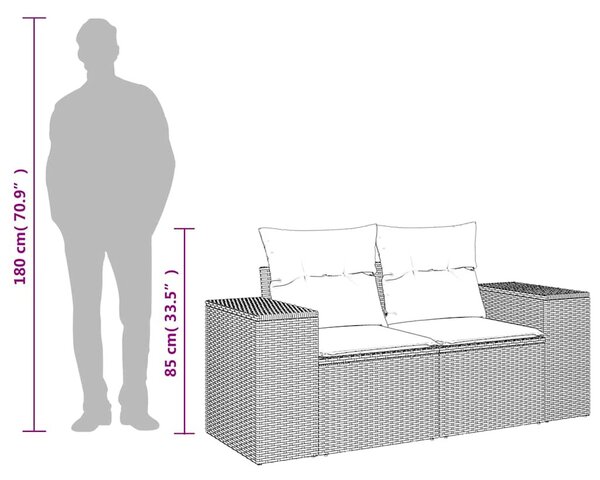 Kétszemélyes fekete polyrattan kerti kanapé párnákkal