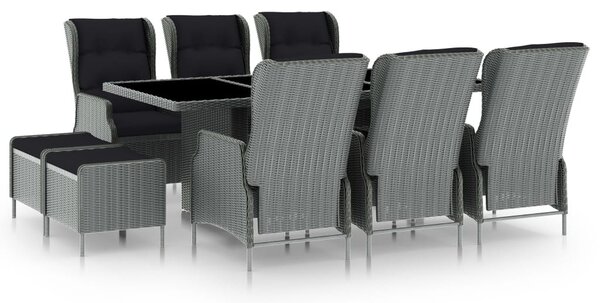 9 részes világosszürke polyrattan kültéri étkezőszett párnákkal