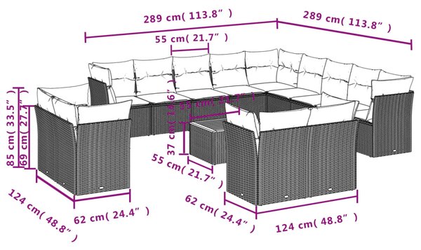 14 részes fekete polyrattan kerti ülőgarnitúra párnákkal