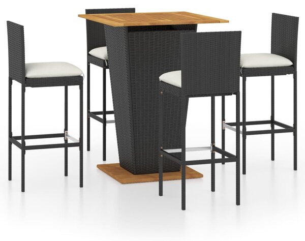 5 részes fekete polyrattan kerti bárszett párnákkal