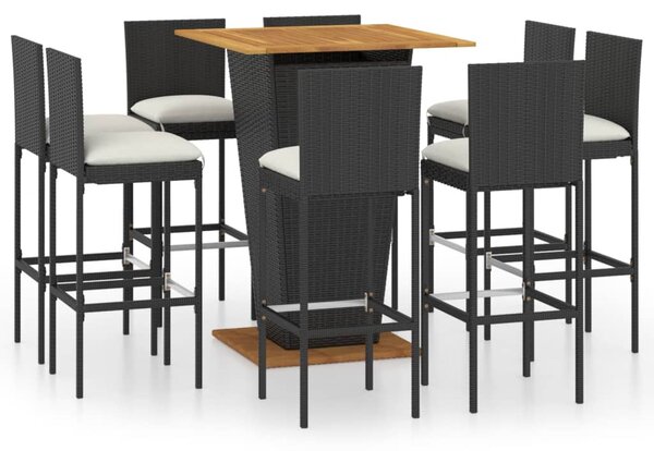 9 részes fekete polyrattan kerti bárszett párnákkal