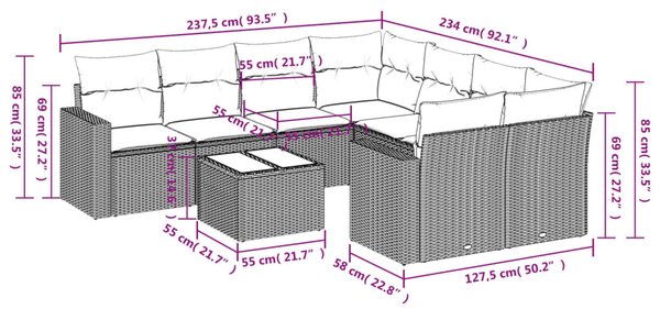 9 részes világosszürke polyrattan kerti ülőgarnitúra párnával