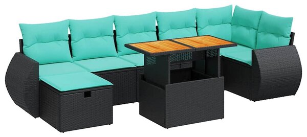 8 részes fekete polyrattan akácfa kerti ülőgarnitúra párnákkal