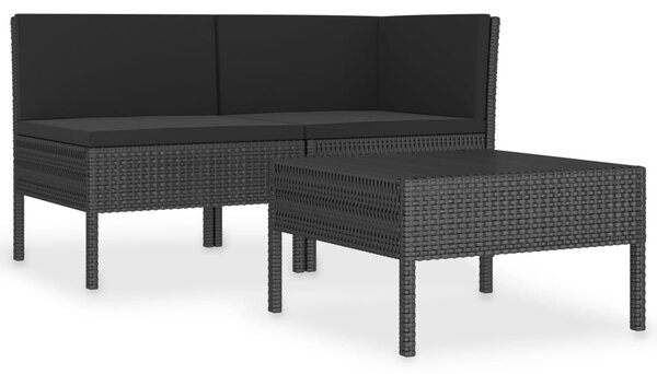 3 részes fekete polyrattan kerti ülőgarnitúra párnákkal