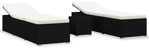 3 részes fekete polyrattan kerti napozóágy szett asztallal