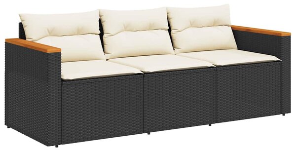 Fekete 3 személyes polyrattan kerti kanapé párnákkal