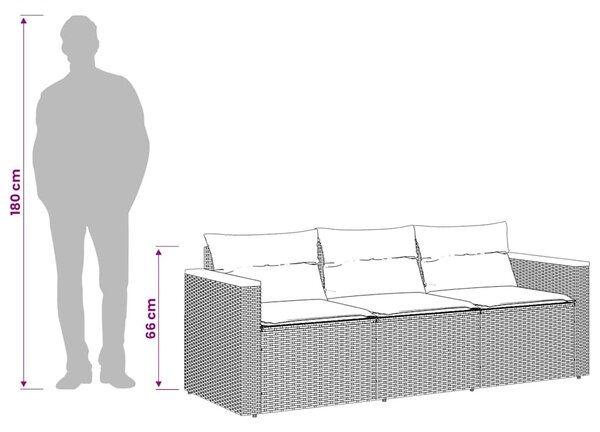 Fekete 3 személyes polyrattan kerti kanapé párnákkal