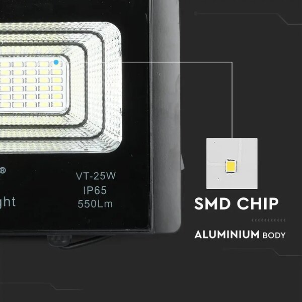V-TAC napelemes LED reflektor 12W természetes fehér 5000 mAh, fekete házzal - SKU 8573