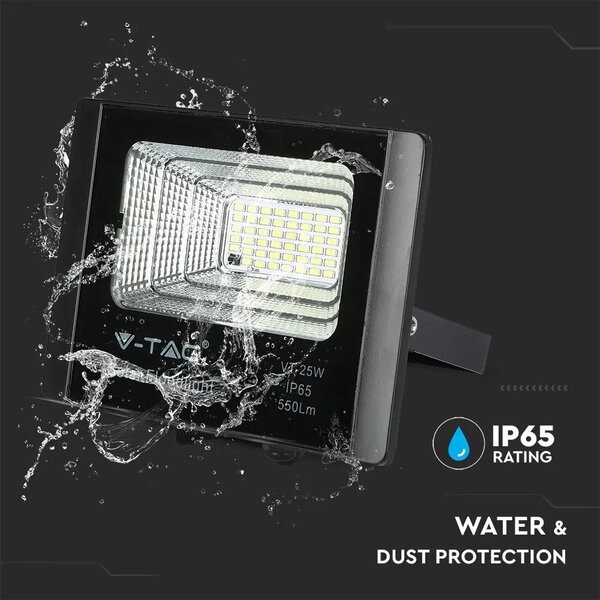V-TAC napelemes LED reflektor 12W természetes fehér 5000 mAh, fekete házzal - SKU 8573