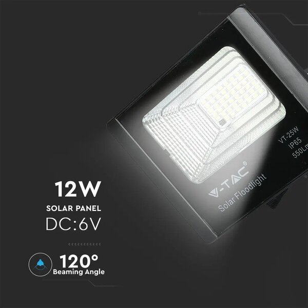 V-TAC napelemes LED reflektor 12W természetes fehér 5000 mAh, fekete házzal - SKU 8573