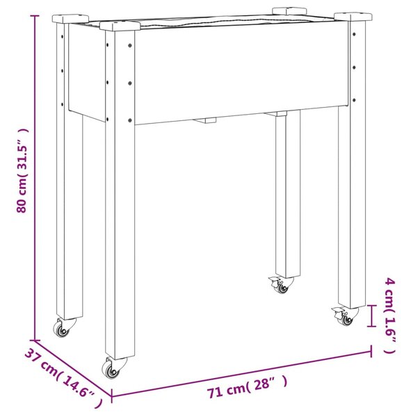 Tömör fenyőfa kerekes ültetőláda béléssel 71 x 37 x 80 cm