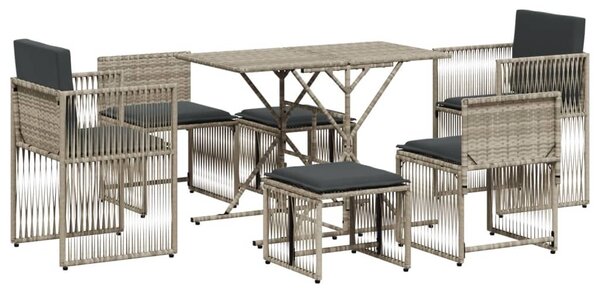 7 részes világosszürke polyrattan kerti étkezőszett párnával