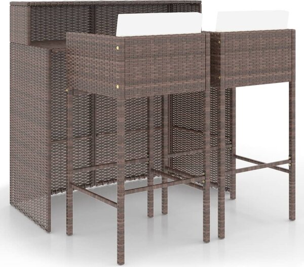 3 részes barna polyrattan kerti bárszett párnákkal