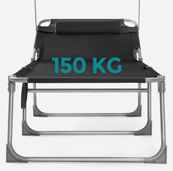 SONGMICS összecsukható napozóágy napellenzővel és fejtámlával, 4 pozícióban állítható háttámlával, max. 150 kg, 200x71x38 cm, fekete