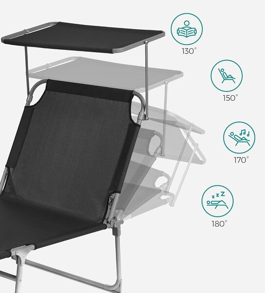 SONGMICS összecsukható napozóágy napellenzővel és fejtámlával, 4 pozícióban állítható háttámlával, max. 150 kg, 200x71x38 cm, fekete