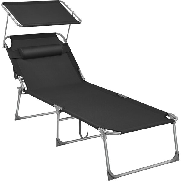 SONGMICS összecsukható napozóágy napellenzővel és fejtámlával, 4 pozícióban állítható háttámlával, max. 150 kg, 200x71x38 cm, fekete