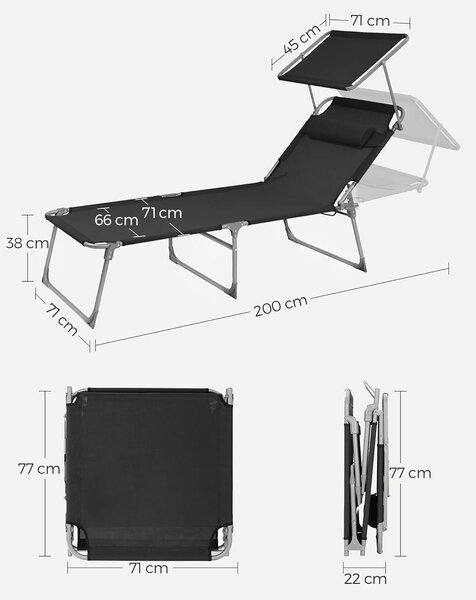 SONGMICS összecsukható napozóágy napellenzővel és fejtámlával, 4 pozícióban állítható háttámlával, max. 150 kg, 200x71x38 cm, fekete