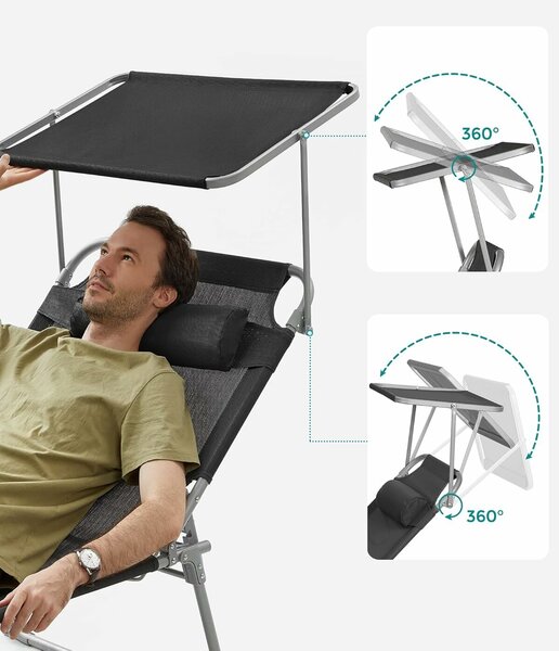 SONGMICS összecsukható napozóágy napellenzővel és fejtámlával, 4 pozícióban állítható háttámlával, max. 150 kg, 200x71x38 cm, fekete