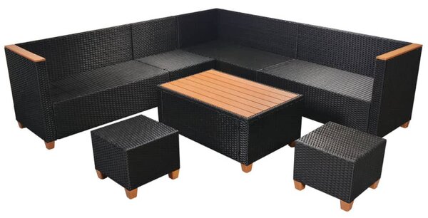 7-részes fekete polyrattan kerti bútorszett párnákkal