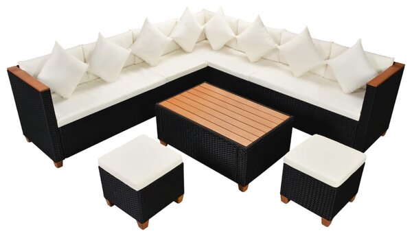 7-részes fekete polyrattan kerti bútorszett párnákkal