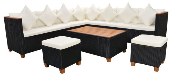 7-részes fekete polyrattan kerti bútorszett párnákkal
