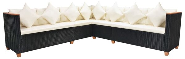 7-részes fekete polyrattan kerti bútorszett párnákkal
