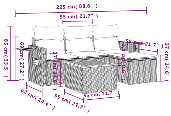 5 részes vegyes bézs polyrattan kerti ülőgarnitúra párnákkal