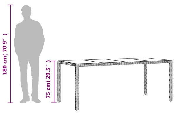 Fekete polyrattan üveglapos kerti asztal 190 x 90 x 75 cm