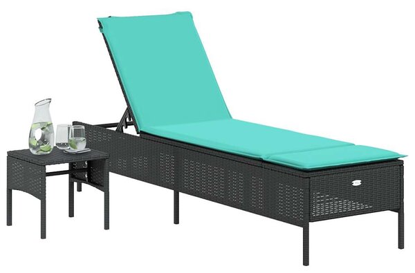 Fekete polyrattan napozóágy asztallal és párnával