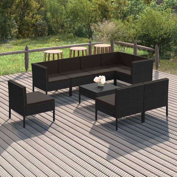 9 részes fekete polyrattan kerti ülőgarnitúra párnákkal