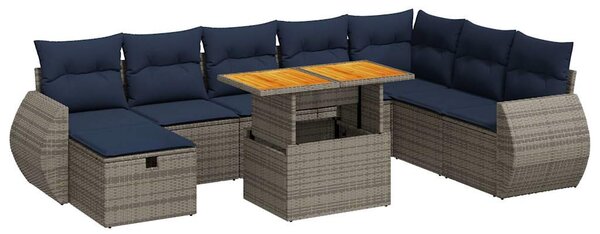 9 részes szürke polyrattan akácfa kerti ülőgarnitúra párnákkal
