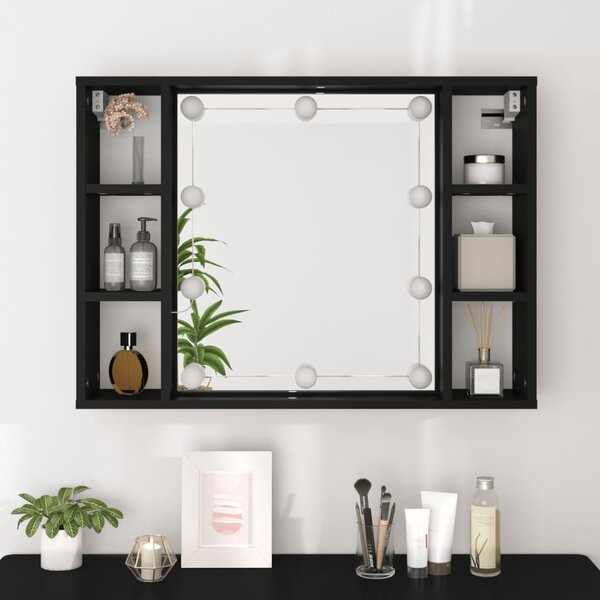 Fekete tükrös szekrény LED-ekkel 76 x 15 x 55 cm